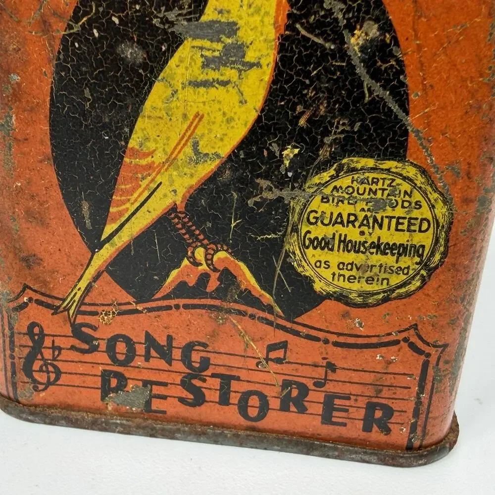 Vintage Hartz Mountain Song Restorer Bird Food Tin Orange Canary Seed USA